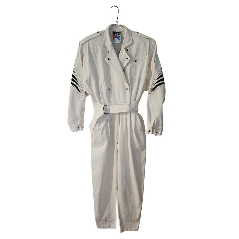 VTG 80s Trash Clothing White Tiger Jumpsuit Embroidered Denim Coveralls Belted - Picture 2 of 11